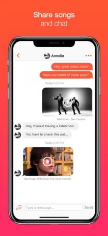 Captura de tela do aplicativo Tastebuds mostrando como compartilhar músicas e conversar