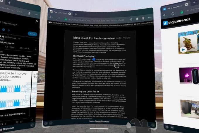 Tres ventanas del navegador están abiertas en un Quest Pro.