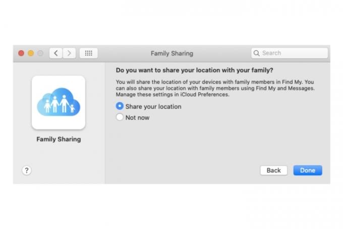 Ustawienia udostępniania lokalizacji dla Chmury rodzinnej na komputerze Mac.
