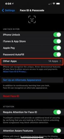Face ID Egyéb alkalmazások gomb.