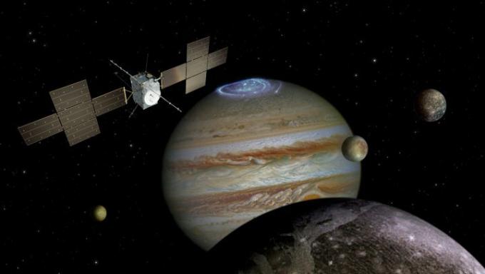  vesoljsko plovilo: ESAATG medialab; Jupiter: NASAESAJ. Nichols (Univerza v Leicestru); Ganimed: NASAJPL; Io: NASAJPLUniverza v Arizoni; Kalisto in Evropa: NASAJPLDLR