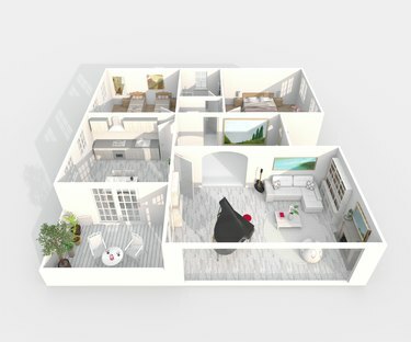3D vykresľovanie interiéru zariadeného domáceho bytu s čiernym klavírom