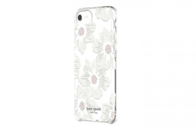 Kate Spade Protective Hardshell Case för iPhone SE (2022) i vita och rosa blommor stockrosor på ett genomskinligt fodral.
