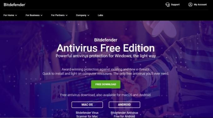 Екранна снимка на безплатен уебсайт на Bitdefender Antivirus, показваща къде да изтеглите безплатната версия на приложението.