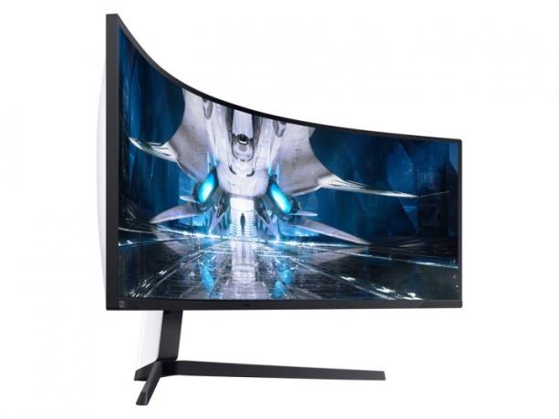 Ângulo lateral do monitor de jogos Samsung Odyssey Neo G9 de 49 polegadas.