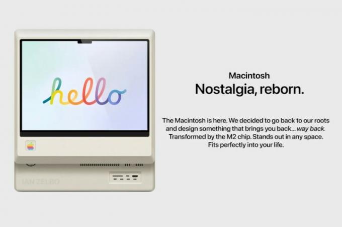 Una página de marketing simulada de una computadora Mac original rediseñada.