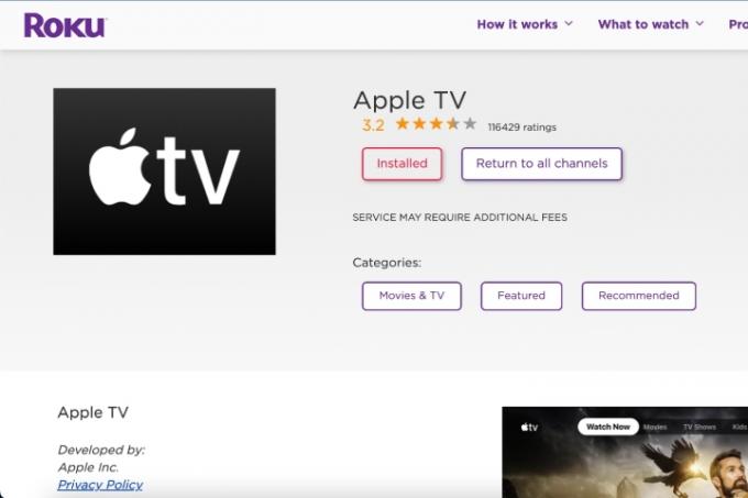 Apple TV kanalını Roku web sitesi aracılığıyla ekleme.