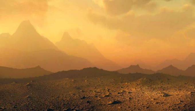 Umelecké stvárnenie povrchu a atmosféry Venuše.