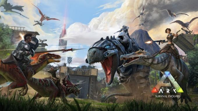 Ark: Survival Evolved のプロモーション アートには、恐竜を連れて互いに戦っているキャラクターが描かれています。