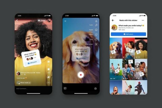 Eine Reihe von drei mobilen Screenshots auf grauem Hintergrund, die den neuen Add Yours-Sticker für Facebook Reels zeigen.