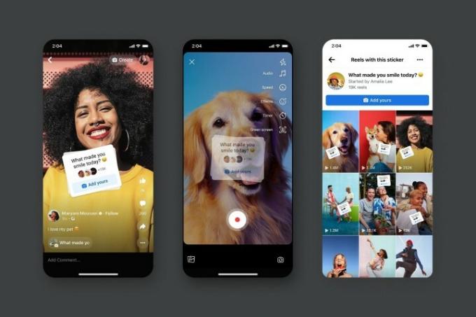 O serie de trei capturi de ecran mobile pe un fundal gri care arată noul sticker Add Yours pentru Facebook Reels.