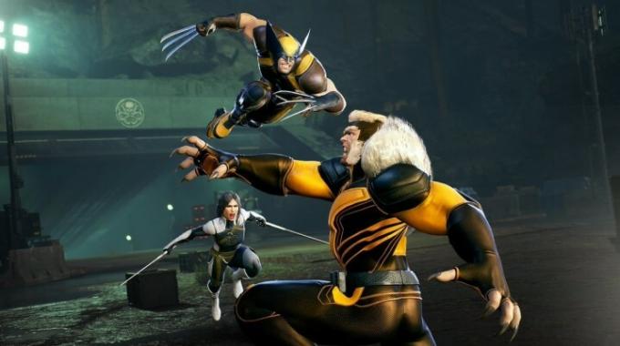 Wolverine i Łowca szarżują na Sabertooth w Marvel Midnight Suns.