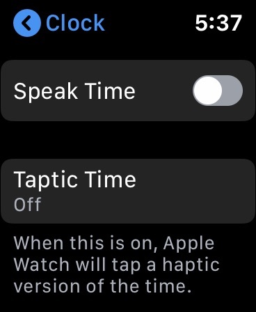 Menu Relógio do WatchOS 6 com Taptic Time visível.
