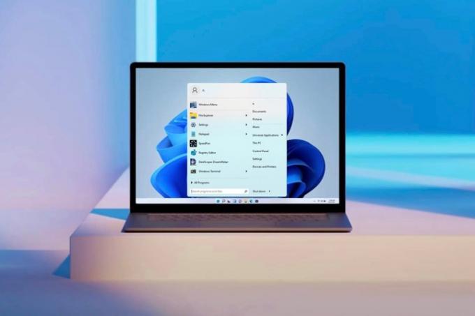 Laptopskärm som visar Windows 11 Start-menyn återställd till klassisk.