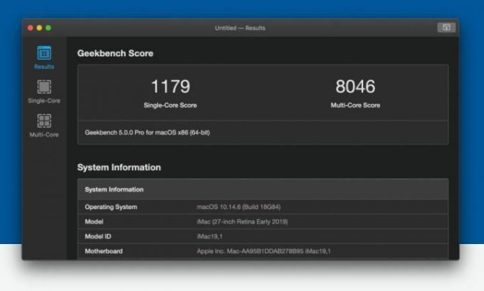 Captura de tela do Geekbench 5 mostrando os resultados do Apple iMac 2019.