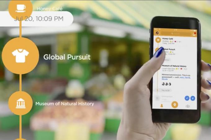 Reklama aplikacji Foursquare Swarm pokazująca jej użycie na smartfonie.