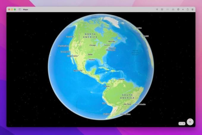 Az Apple Maps földgömbnézete, amely Észak- és Dél-Amerikát mutatja MacOS Monterey rendszeren