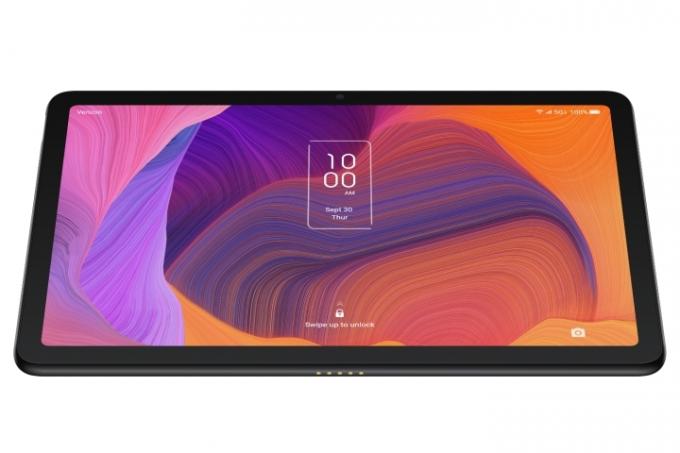 Bild des vorderen Sperrbildschirms des Tab Pro 5G-Tablets von der Seite.