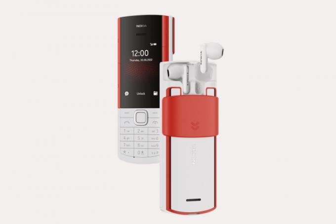 Telefon Nokia 5710 XpressAudio ze słuchawkami z tyłu.