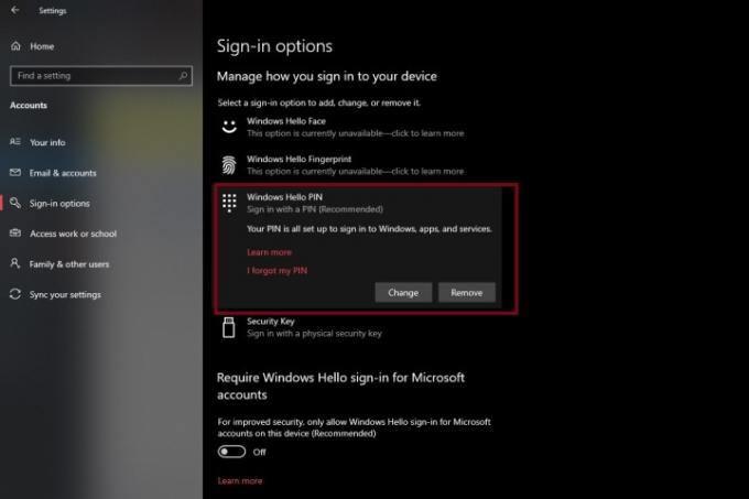 Zrzut ekranu przedstawiający opcje PIN-u Windows Hello w systemie Windows 10.