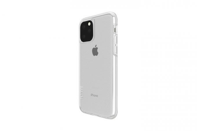 A képen egy iPhone 11 oldalnézete látható a Skech átlátszó Matrix tokban