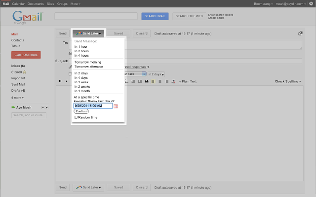 Екранна снимка на Boomerang, показваща разширението, използвано в Gmail. 