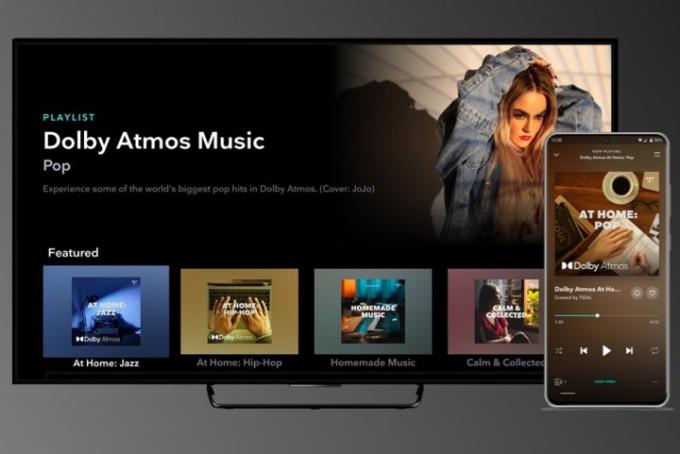 TV mostrando o aplicativo Tidal e Dolby Atmos Music.