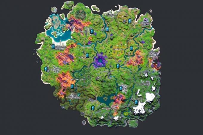 Mapa maszyn naprawczych w Fortnite.