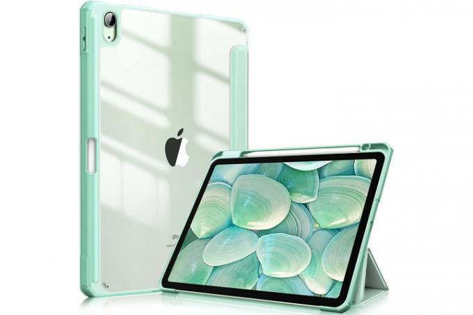 Custodia ibrida Fintie per iPad Air 5 che sfoggia il retro cristallino in una colorazione verde menta.