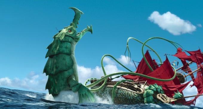 『The Sea Beast』のシーンで、巨大な海の怪物が海で船と組み合います。