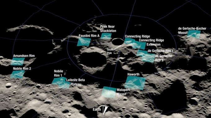 Hier ist eine Darstellung von 13 möglichen Landeregionen für Artemis III zu sehen. Jede Region ist etwa 15 x 15 Kilometer groß. Ein Landeplatz ist ein Ort innerhalb dieser Regionen mit einem Radius von etwa 328 Fuß (100 Meter).