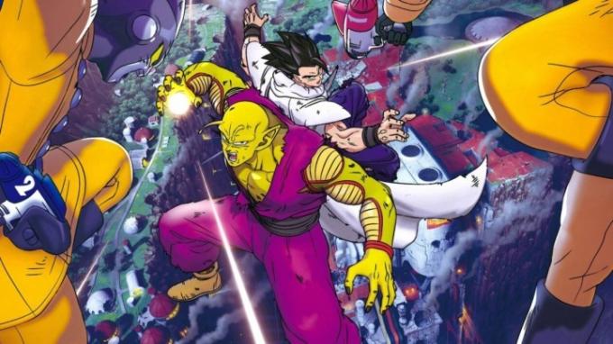Promokuva Piccolosta ja Gohanista taistelevat Gamma 1:tä ja 2:ta vastaan ​​Dragon Ball Super: Super Hero -pelissä