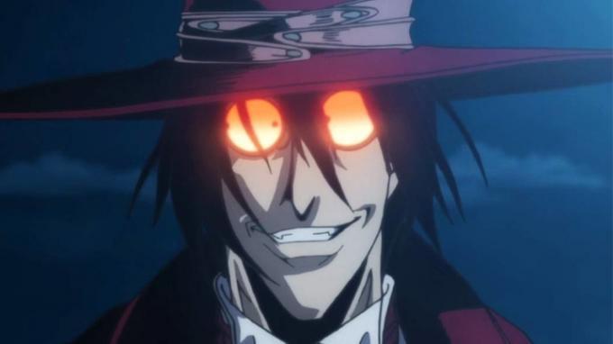 Alucard no anime Hellsing Ultimate dando um sorriso sinistro e seus óculos brilhando no meio da noite.