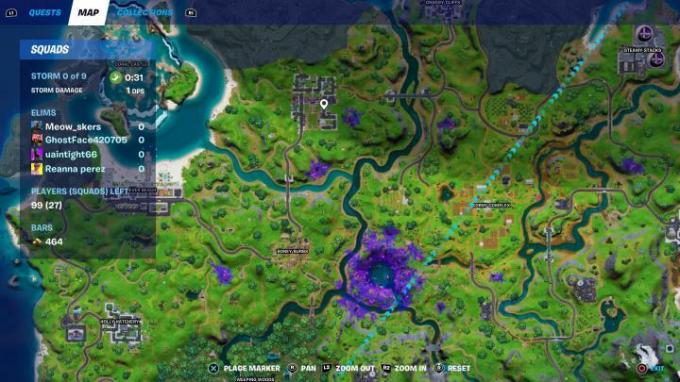 Mapa míst narušitelů ve Fortnite.