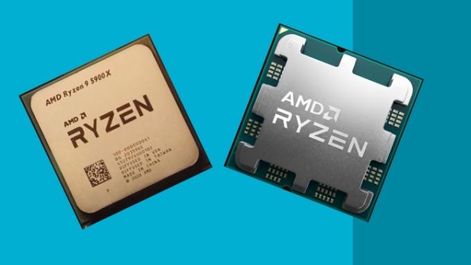 파란색 배경 왼쪽의 Ryzen 5000 칩과 오른쪽의 Ryzen 7000 칩