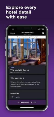Zrzut ekranu przedstawiający zwiedzanie hoteli w aplikacji Hotel Tonight