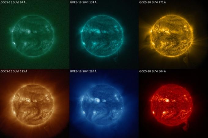 2022년 7월 10일 GOES-18의 SUVI 장비로 포착한 태양의 첫 번째 이미지로, 6개의 서로 다른 파장에서 코로나 질량 방출을 보여줍니다.