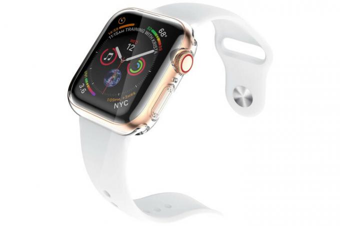Zdjęcie przedstawia zegarek Apple Watch w uśmiechniętym przezroczystym etui