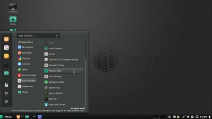 Der Startbildschirm der Manjaro-Distribution mit geöffnetem App-Menü.