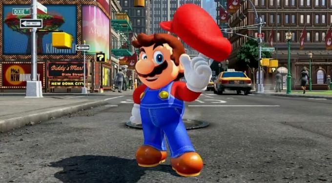 Маріо крутить кепку перед містом Нью-Донк у Super Mario Odyssey.