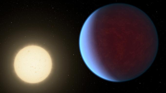 O exoplaneta super-Terra 55 Cancri e, representado com a sua estrela neste conceito artístico, provavelmente tem uma atmosfera mais espessa que a da Terra, mas com ingredientes que podem ser semelhantes aos da Terra atmosfera. 