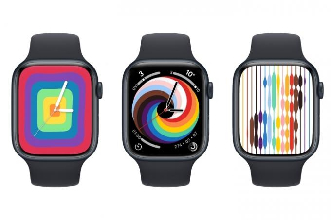 Három Apple Watch a Pride Analog, a Pride Woven Circular és a Pride Threads arcokkal.