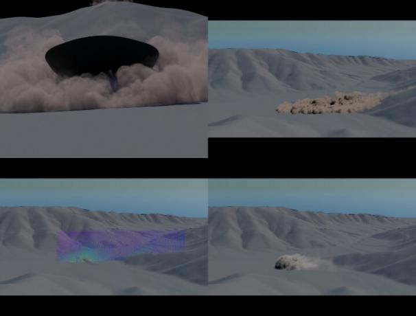 Nope で塵雲をシミュレートするために使用される特殊効果 CG イメージのグリッド。