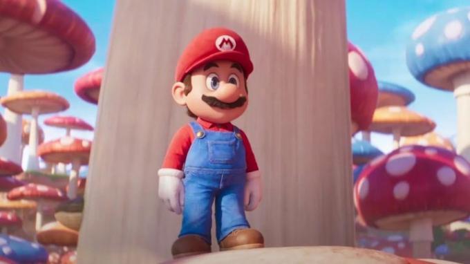 Mario staat op een paddenstoel in de Super Mario Bros. film.
