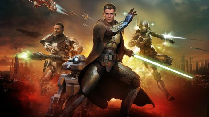 Uma colagem de personagens na arte promocional de Star Wars: The Old Republic.