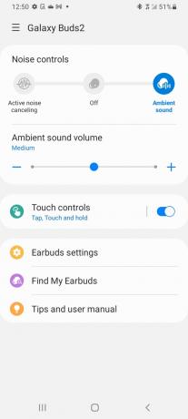 Aplikasi Samsung Galaxy Wearables menampilkan kontrol untuk Samsung Galaxy Buds 2.