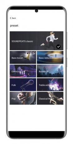Aplikace SoundPeats pro Android EQ přednastavená obrazovka.