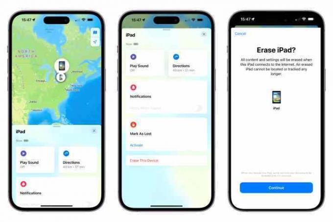 Kolm iPhone'i näitavad samme iPadi kustutamiseks rakenduse Find My abil.