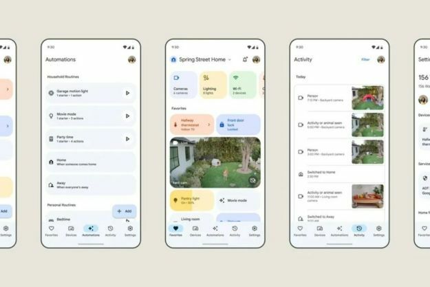 Plusieurs images de la nouvelle application Google Home sur fond beige.