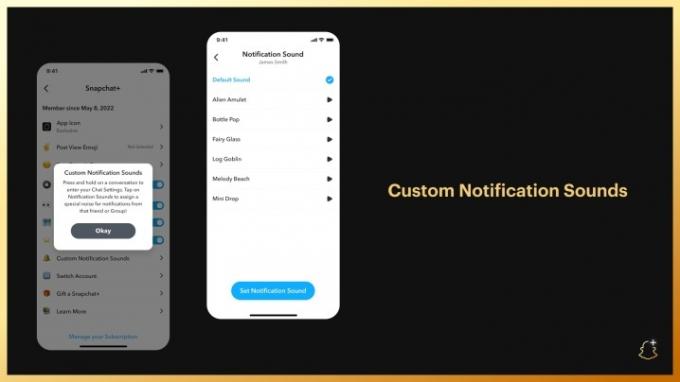 Captura de pantalla de Snapchat Plus que muestra la nueva función de sonidos de notificación personalizados.